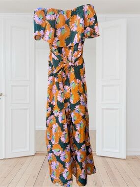 🆕#14~Aakaa Floral Off-Shoulder Jumpsuit in Deep Green and Coral, Size~Large